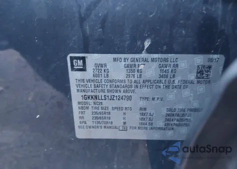 2018 GMC Acadia Sle-2 z USA, uszkodzony, nr VIN 1GKKNLLS1JZ124790